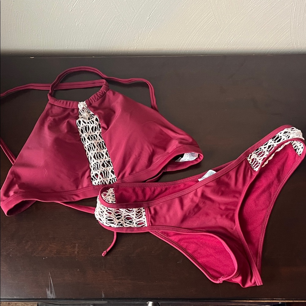 Maroon and Ivory Bikini Set